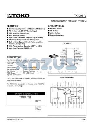 TK10931VTL datasheet - NARROW BAND FM/AM IF SYSTEM