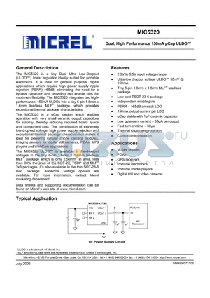 MIC5320-1.8/1.6YML datasheet - Dual, High Performance 150mA uCap ULDO