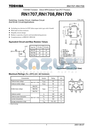 RN1708 datasheet - Switching, Inverter Circuit, Interface Circuit And Driver Circuit Applications