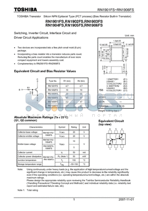 RN1902FS datasheet - Switching, Inverter Circuit, Interface Circuit and Driver Circuit Applications