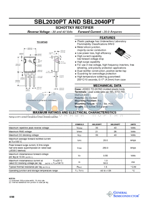 SBL2040PT datasheet - SCHOTTKY RECTIFIER