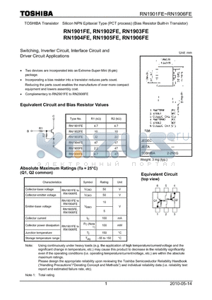 RN1905FE datasheet - Switching, Inverter Circuit, Interface Circuit and Driver Circuit Applications
