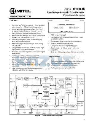 MT93L16AQ datasheet - CMOS Low-Voltage Acoustic Echo Canceller