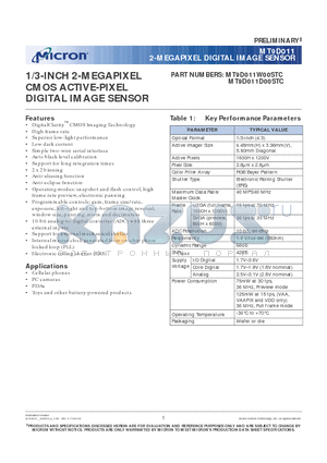 MT9D011D00STC datasheet - 1/3-INCH 2-MEGAPIXEL CMOS ACTIVE-PIXEL DIGITAL IMAGE SENSOR