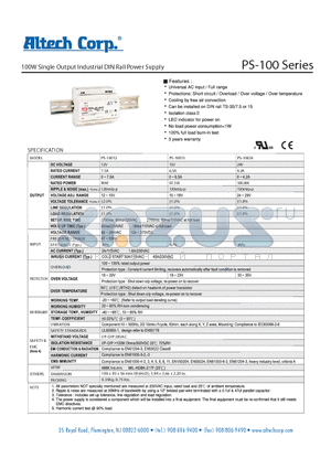 PS-100 datasheet - 100W Single Output Industrial DIN Rail Power Supply