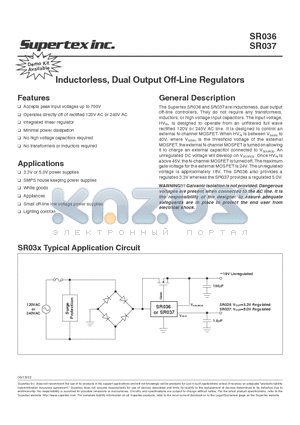 SR037 datasheet - Inductorless, Dual Output Off-Line Regulators