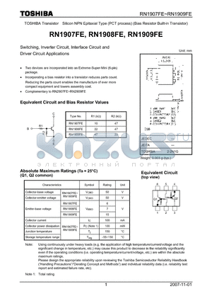 RN1909FE datasheet - Switching, Inverter Circuit, Interface Circuit and Driver Circuit Applications