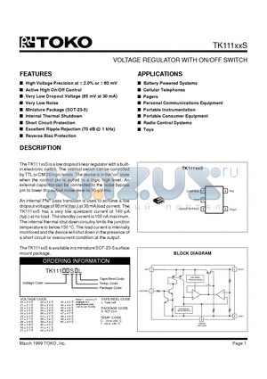 TK11121S datasheet - VOLTAGE REGULATOR WITH ON/OFF SWITCH