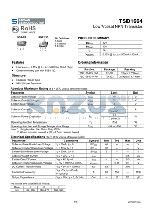 TSD1664CY datasheet - Low Vcesat NPN Transistor