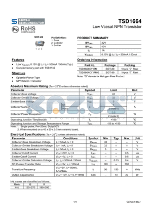 TSD1664CYRMG datasheet - Low Vcesat NPN Transistor