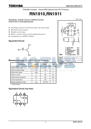 RN1910 datasheet - Switching, Inverter Circuit, Interface Circuit And Driver Circuit Applications