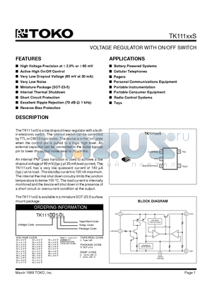 TK11121SIL datasheet - VOLTAGE REGULATOR WITH ON/OFF SWITCH