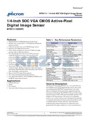 MT9V111I29STC datasheet - 1/4-Inch SOC VGA CMOS Active-Pixel Digital Image Sensor
