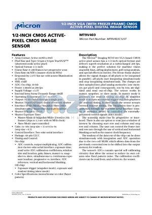 MT9V403 datasheet - 1/2-INCH VGA (WITH FREEZE-FRAME) CMOS ACTIVE-PIXEL DIGITAL IMAGE SENSOR