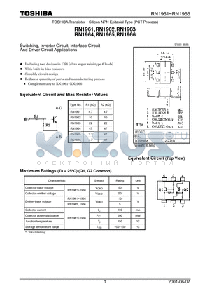 RN1961 datasheet - TOSHIBA Transistor Silicon NPN Epitaxial Type (PCT Process)