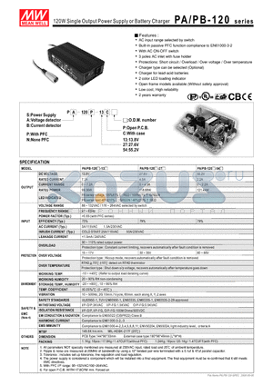 PS-120N27CO datasheet - 120W Single Output Power Supply or Battery Charger