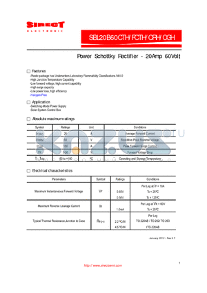 SBL20B60FCTH datasheet - Power Schottky Rectifier - 20Amp 60Volt