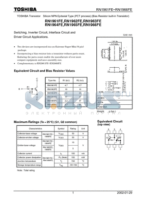 RN1963FE datasheet - TOSHIBA Transistor Silicon NPN Epitaxial Type (PCT process) (Bias Resistor built-in Transistor)