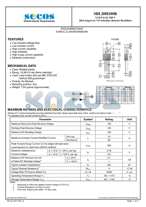 SBL20H100R datasheet - VOLTAGE 100 V 20.0 Amp Low VF Schottky Barrier Rectifiers