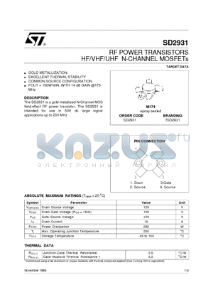 TSD2931 datasheet - RF POWER TRANSISTORS HF/VHF/UHF N-CHANNEL MOSFETs