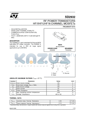 TSD2932 datasheet - RF POWER TRANSISTORS HF/VHF/UHF N-CHANNEL MOSFETs