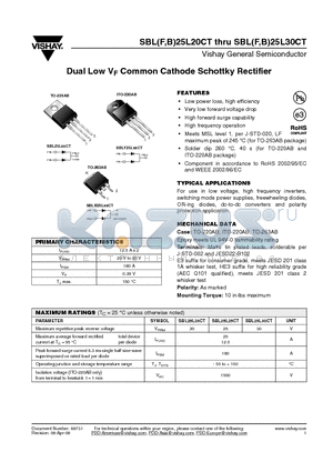 SBL25L22CTHE3 datasheet - Dual Low VF Common Cathode Schottky Rectifier