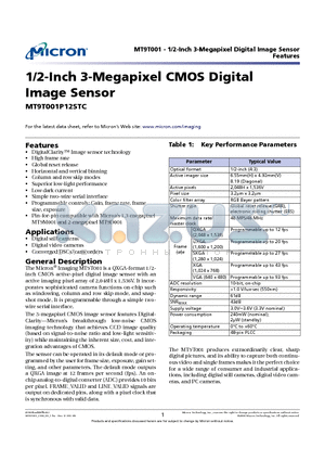 MT9T001P12STC datasheet - 1/2-Inch 3-Megapixel CMOS Digital Image Sensor