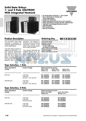 RN1B23D30 datasheet - Solid State Relays 1- and 2 Pole SOLITRON With Integrated Heatsink