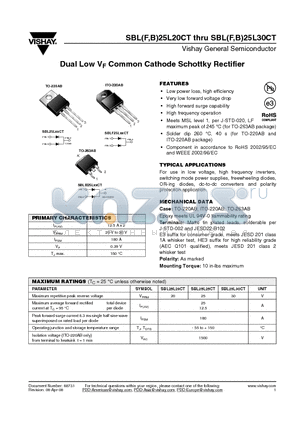 SBL25L29CTHE3 datasheet - Dual Low VF Common Cathode Schottky Rectifier