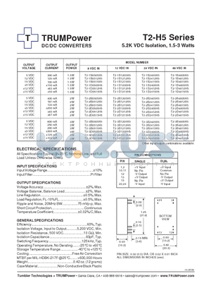 T2-1D1205H5 datasheet - DC/DC CONVERTERS 5.2K VDC Isolation, 1.5-3 Watts