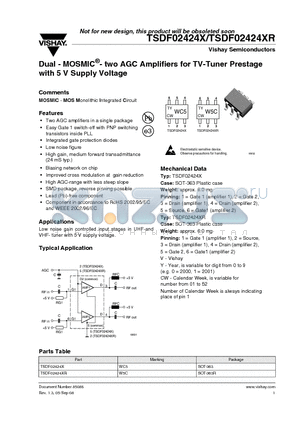 TSDF02424XR datasheet - Dual - MOSMIC^- two AGC Amplifiers for TV-Tuner Prestage with 5 V Supply Voltage