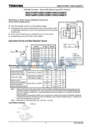 RN2102MFV datasheet - Switching, Inverter Circuit, Interface Circuit and Driver Circuit Applications