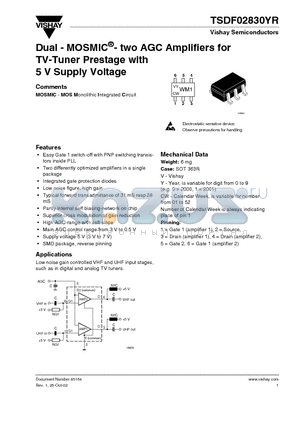 TSDF02830YR datasheet - Dual - MOSMIC two AGC Amplifiers for TV-Tuner Prestage with 5 V Supply Voltage
