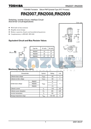 RN2007 datasheet - Switching, Inverter Circuit, Interface Circuit And Driver Circuit Applications
