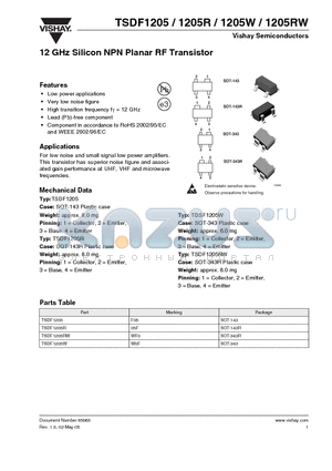 TSDF1205 datasheet - 12 GHz Silicon NPN Planar RF Transistor