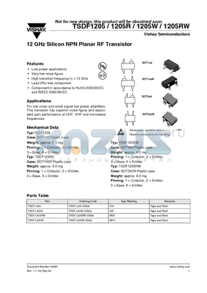 TSDF1205 datasheet - 12 GHz Silicon NPN Planar RF Transistor