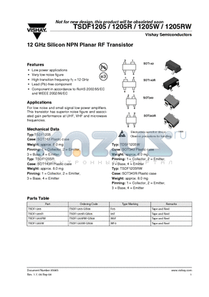 TSDF1205W datasheet - 12 GHz Silicon NPN Planar RF Transistor