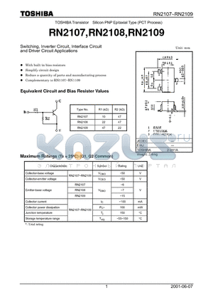 RN2107 datasheet - TOSHIBA Transistor Silicon PNP Epitaxial Type (PCT Process)