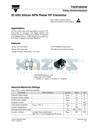 TSDF2005W datasheet - 25 GHz Silicon NPN Planar RF Transistor