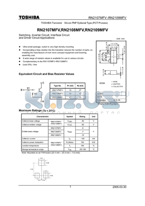 RN2108MFV datasheet - Switching, Inverter Circuit, Interface Circuit and Driver Circuit Applications