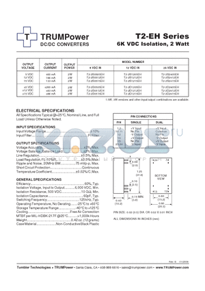 T2-2D0512EH datasheet - DC/DC CONVERTERS 6K VDC Isolation, 2 Watt