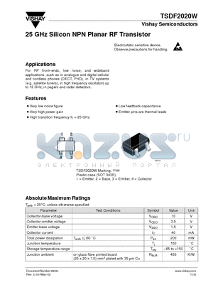 TSDF2020W datasheet - 25 GHz Silicon NPN Planar RF Transistor