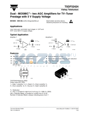 TSDF52424 datasheet - Dual - MOSMIC - two AGC Amplifiers for TV-Tuner Prestage with 5 V Supply Voltage