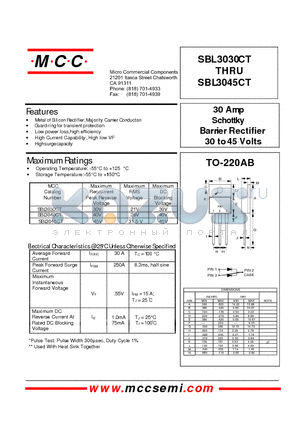 SBL3045CT datasheet - 30 Amp Schottky Barrier Rectifier 30 to 45 Volts