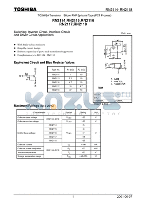 RN2118 datasheet - Switching, Inverter Circuit, Interface Circuit And Driver Circuit Applications