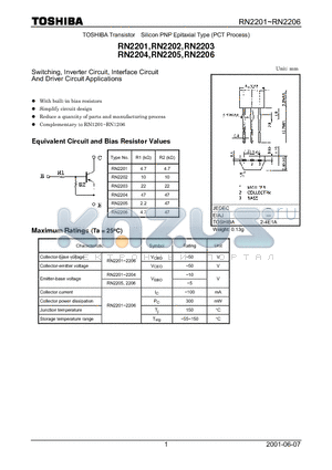 RN2201 datasheet - Switching, Inverter Circuit, Interface Circuit And Driver Circuit Applications