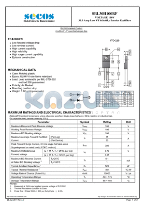 SBL30H100RF datasheet - VOLTAGE 100V 30.0 Amp Low VF Schottky Barrier Rectifiers