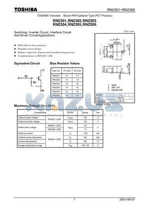 RN2301 datasheet - TOSHIBA Transistor Silicon PNP Epitaxial Type (PCT Process)