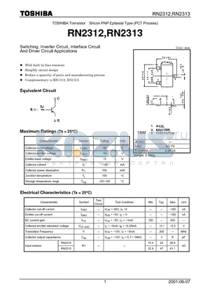 RN2313 datasheet - TOSHIBA Transistor Silicon PNP Epitaxial Type (PCT Process)