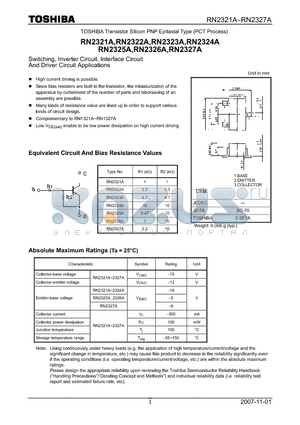 RN2325A datasheet - Silicon PNP Epitaxial Type (PCT Process) Switching, Inverter Circuit, Interface Circuit And Driver Circuit Applications